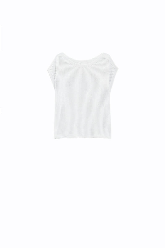 Q2 Jersey de canalé con cuello barco y mangas casquillo en blanco