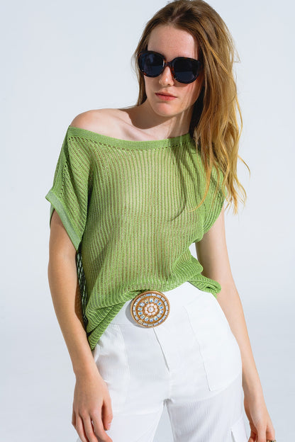 Q2 Jersey de canalé con cuello barco y mangas casquillo en verde