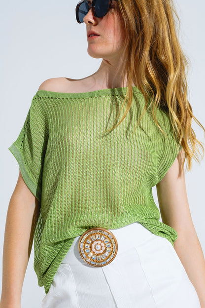 Jersey de canalé con cuello barco y mangas casquillo en verde