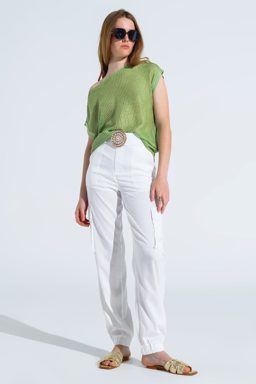 Jersey de canalé con cuello barco y mangas casquillo en verde