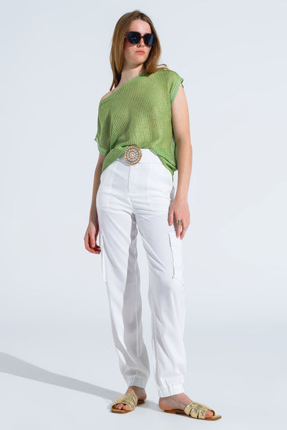 Jersey de canalé con cuello barco y mangas casquillo en verde