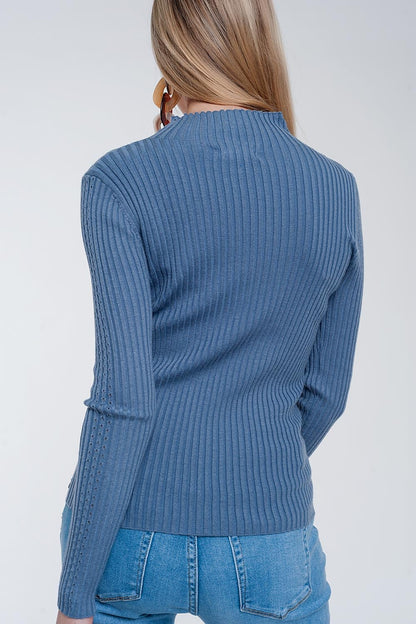 Jersey de canalé con cuello subido en azul