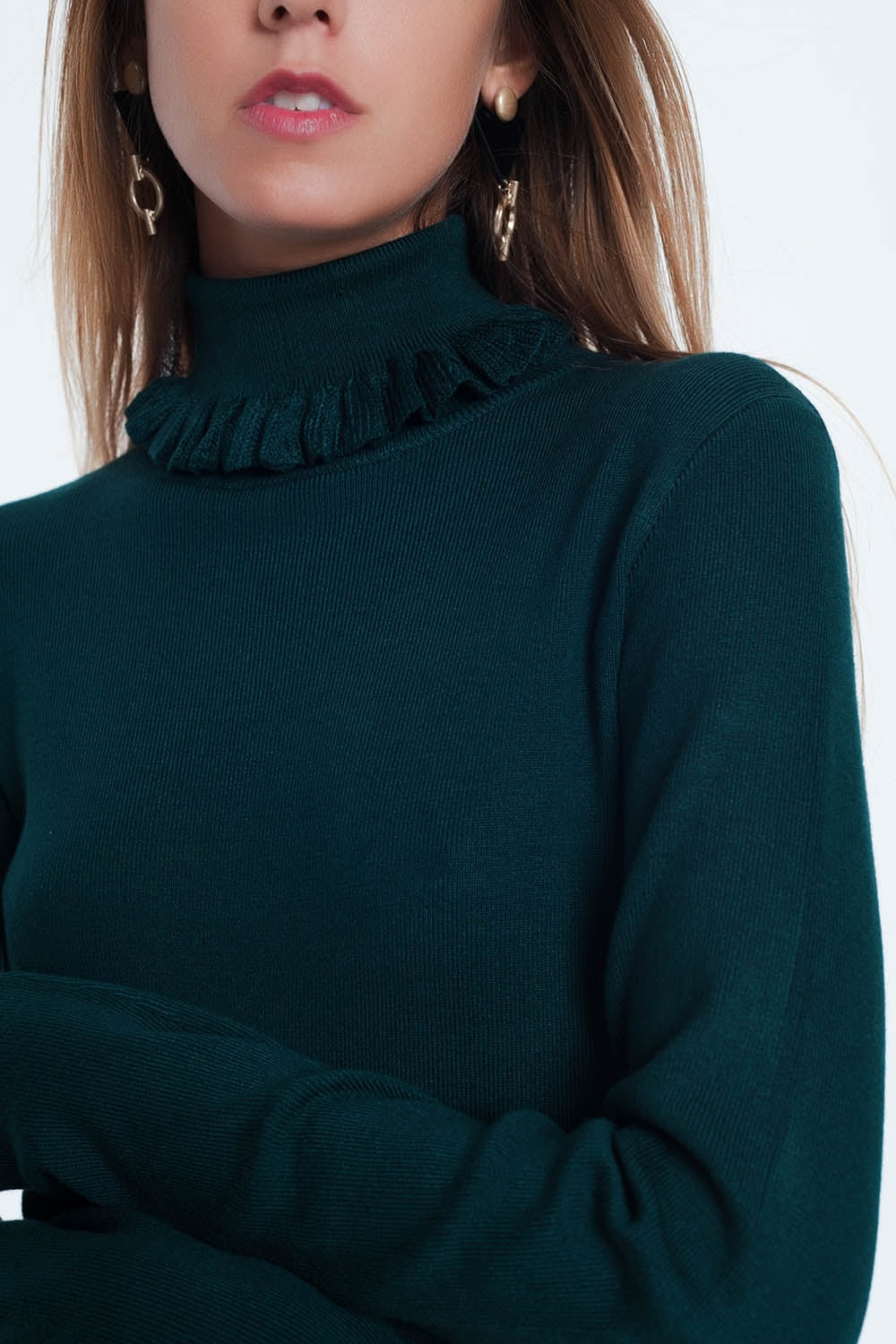 Jersey de corte slim de canalé con detalle de volante en verde