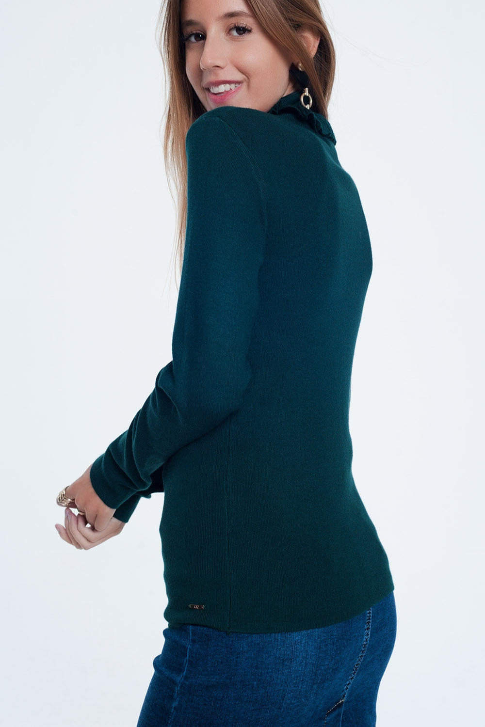 Jersey de corte slim de canalé con detalle de volante en verde