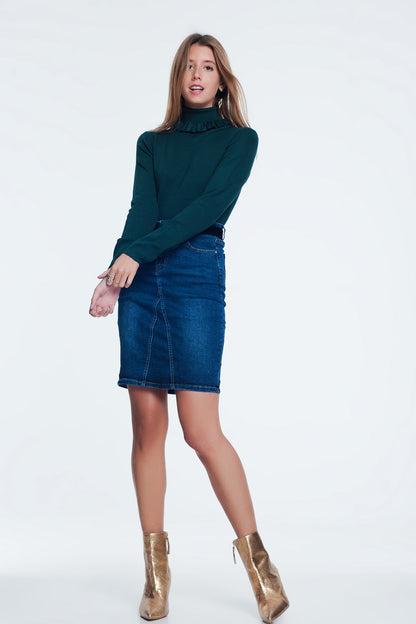Jersey de corte slim de canalé con detalle de volante en verde
