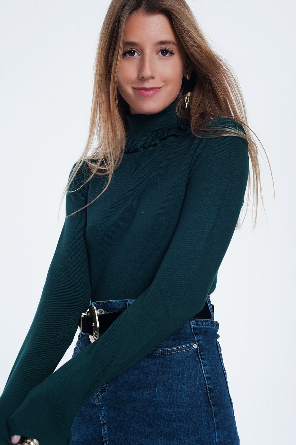Jersey de corte slim de canalé con detalle de volante en verde