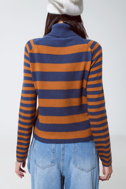 Jersey de cuello alto con rayas en azul y marrón