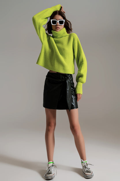 Jersey de cuello alto de punto acanalado verde con mangas de globo
