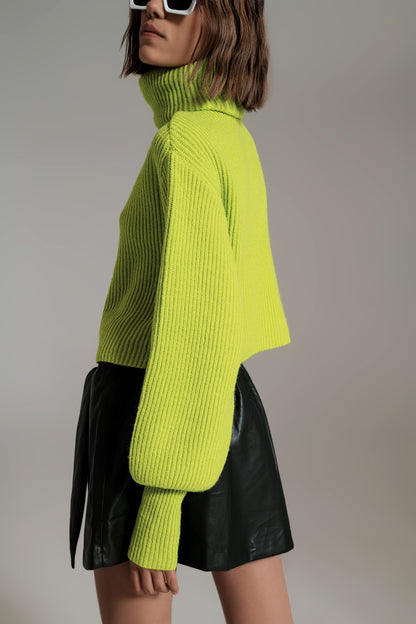 Jersey de cuello alto de punto acanalado verde con mangas de globo