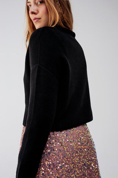 Jersey de cuello alto en canalé color negro