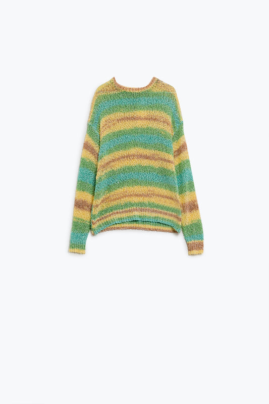Q2 Jersey de punto abierto a rayas con cuello redondo en tonos amarillo y verde