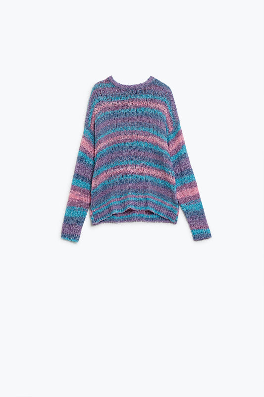 Q2 Jersey de punto abierto a rayas con cuello redondo en tonos morados y azules