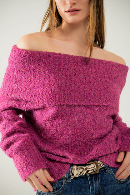 jersey de punto con cuello barco en fucsia