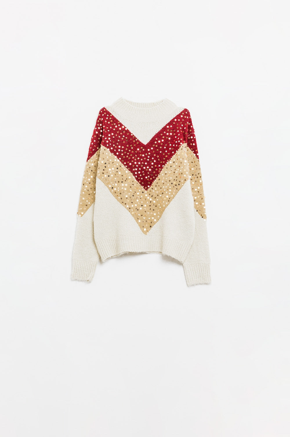 jersey de punto de color burdeos y beige con adorno de lentejuelas