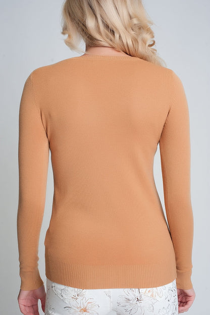 Jersey de punto liso camel con cuello redondo