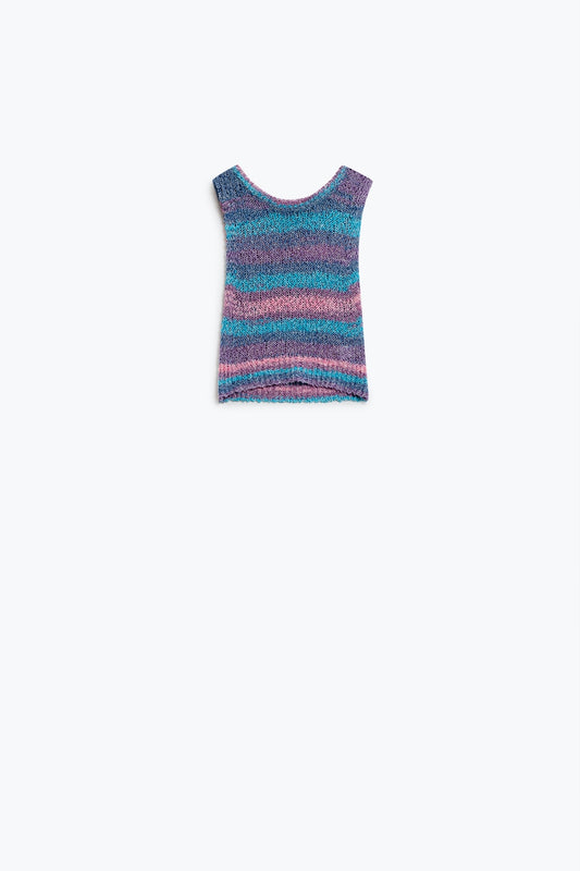 Q2 Jersey de punto sin mangas multicolor oscuro con rayas y cuello redondo