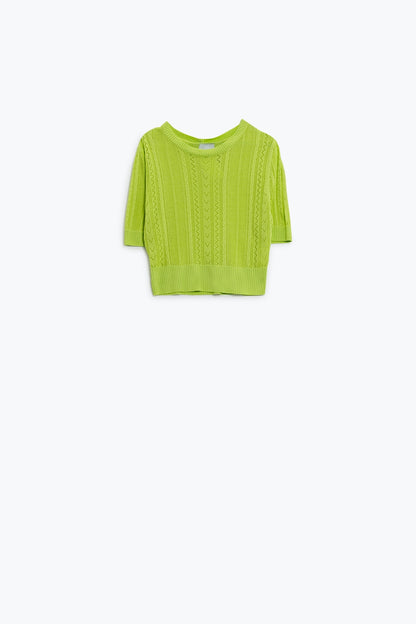 Q2 jersey de punto verde de manga 3/4 con detalles de rayas en zig zag