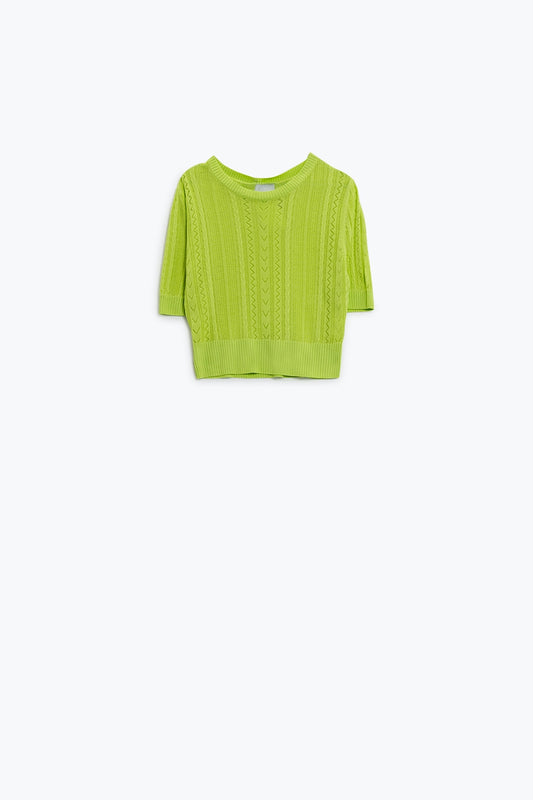 Q2 jersey de punto verde de manga 3/4 con detalles de rayas en zig zag