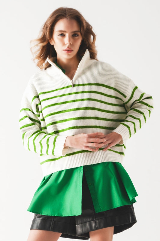 Q2 Jersey de rayas con cremallera y detalle en el cuello en verde