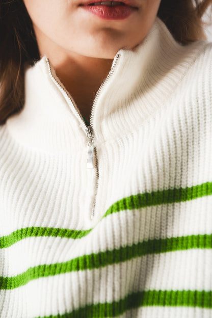 Jersey de rayas con cremallera y detalle en el cuello en verde
