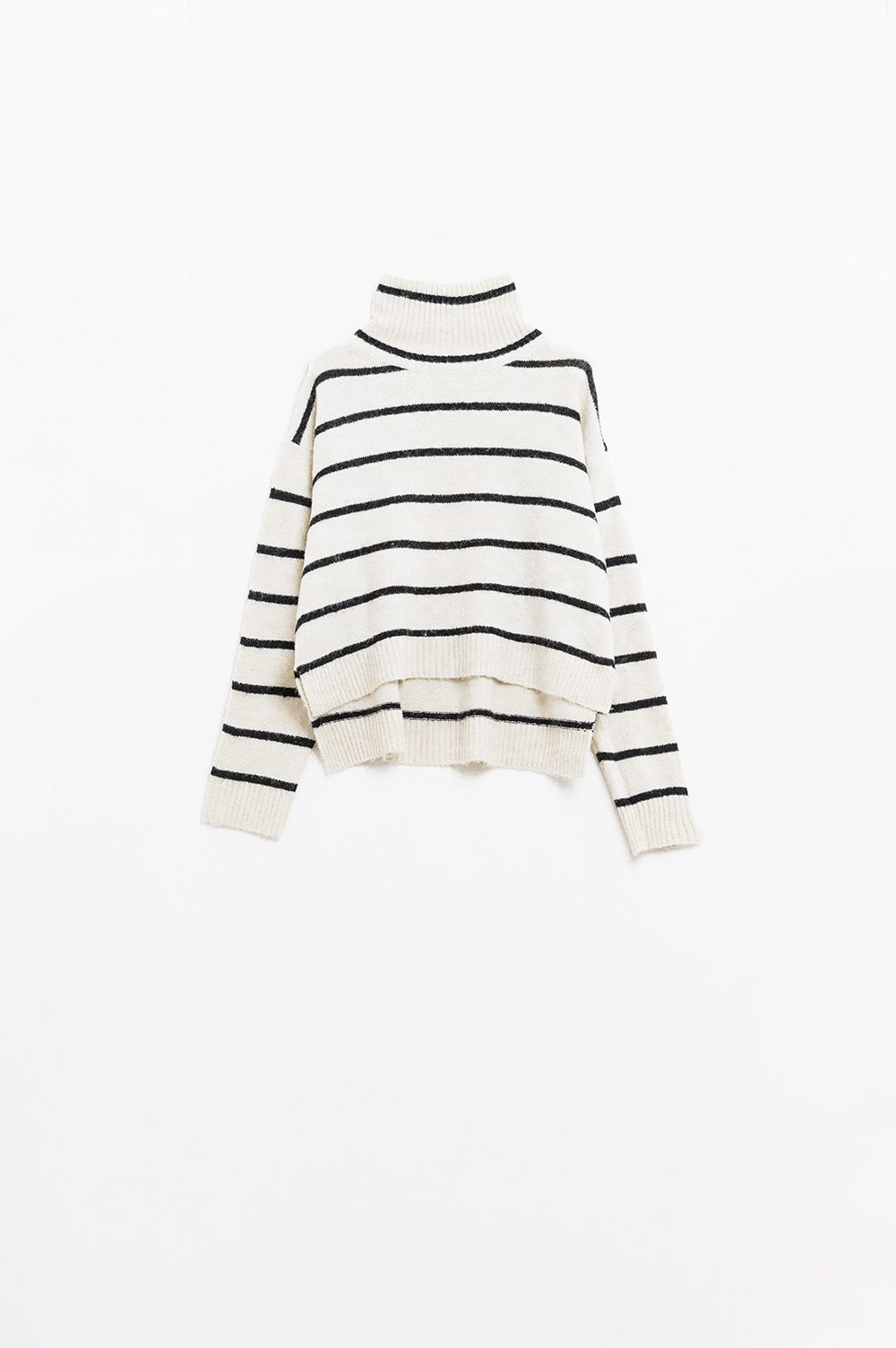 Jersey de rayas crema en negro con cuello alto