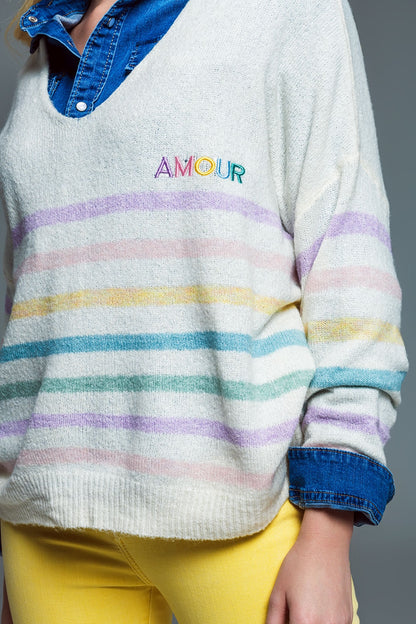 Jersey de rayas en colores pastel y bordado Amour