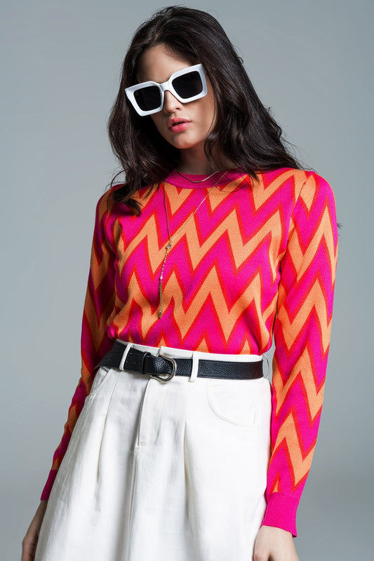 Q2 Jersey fucsia con estampado en zig zag con detalles naranjas