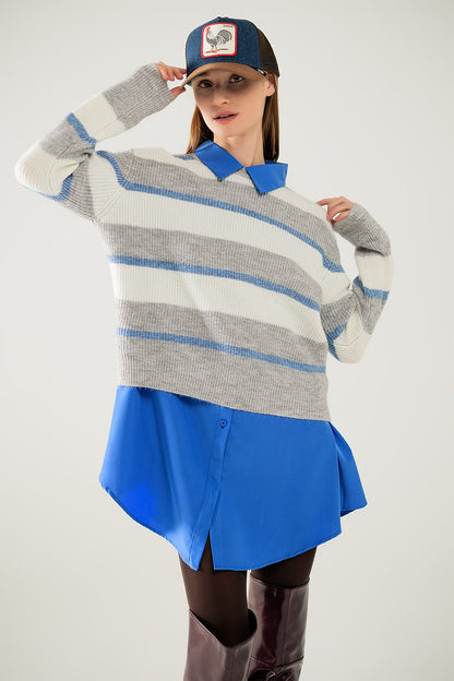 Jersey gris con rayas crudas y azules