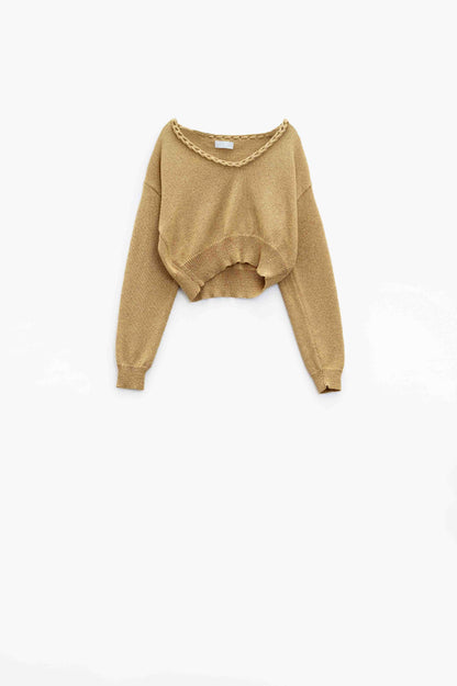 Jersey Ligero Con Cuello En V Ancho Y Detalle Trenzado En Dorado