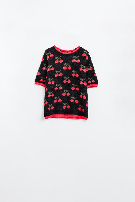 Q2 jersey negro de manga corta con estampado de cerezas