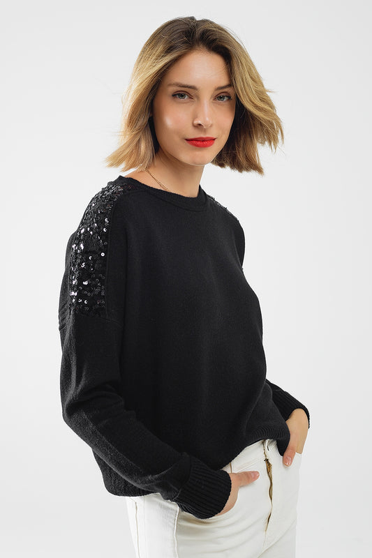 Q2 Jersey negro de manga larga con lentejuelas en los hombros
