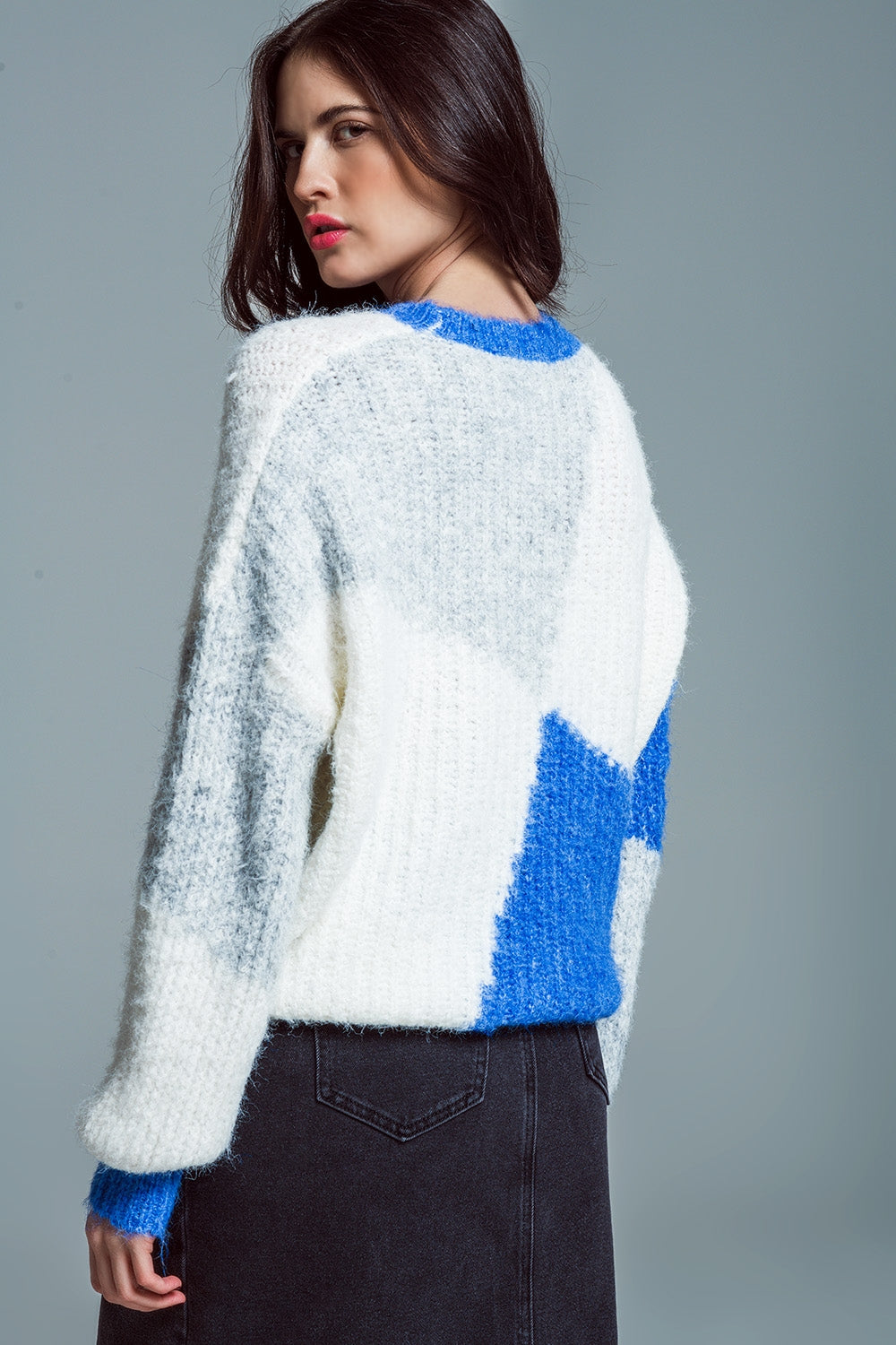 Jersey oversize color block en canalé grueso azul y blanco