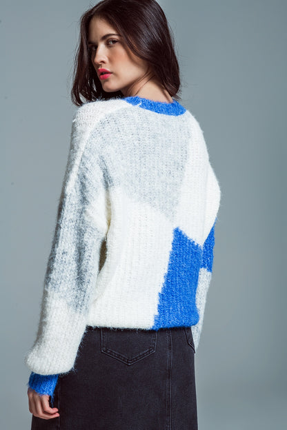 Jersey oversize color block en canalé grueso azul y blanco