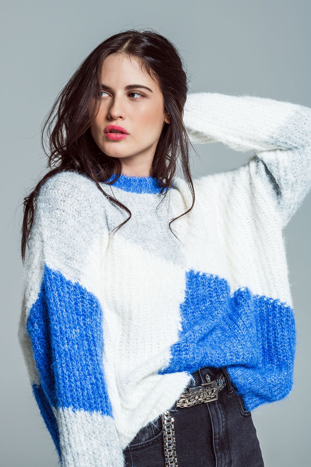 Jersey oversize color block en canalé grueso azul y blanco