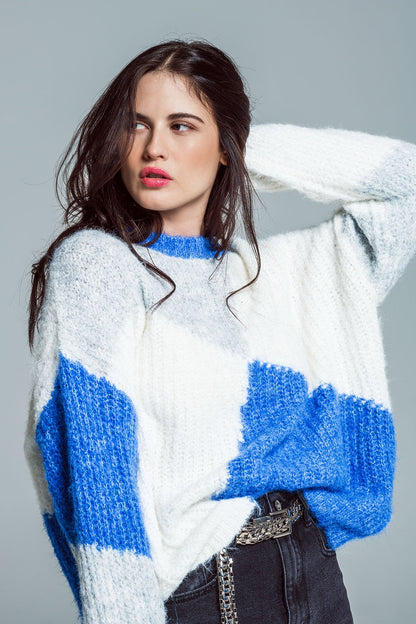 Jersey oversize color block en canalé grueso azul y blanco