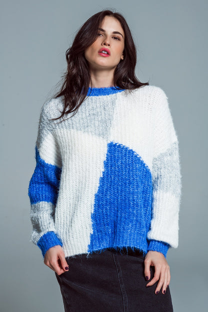 Jersey oversize color block en canalé grueso azul y blanco