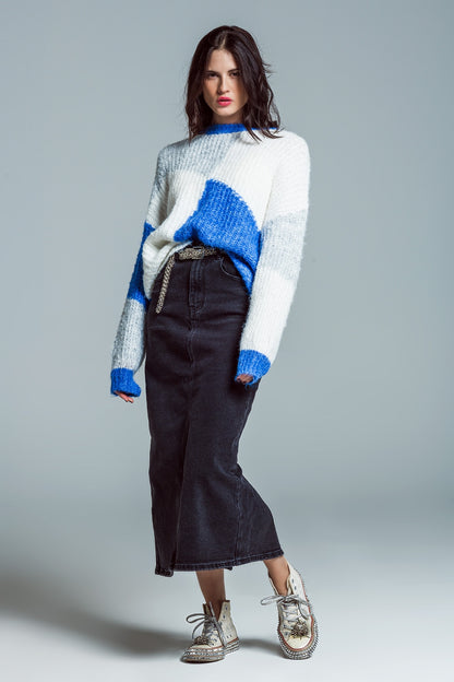Jersey oversize color block en canalé grueso azul y blanco