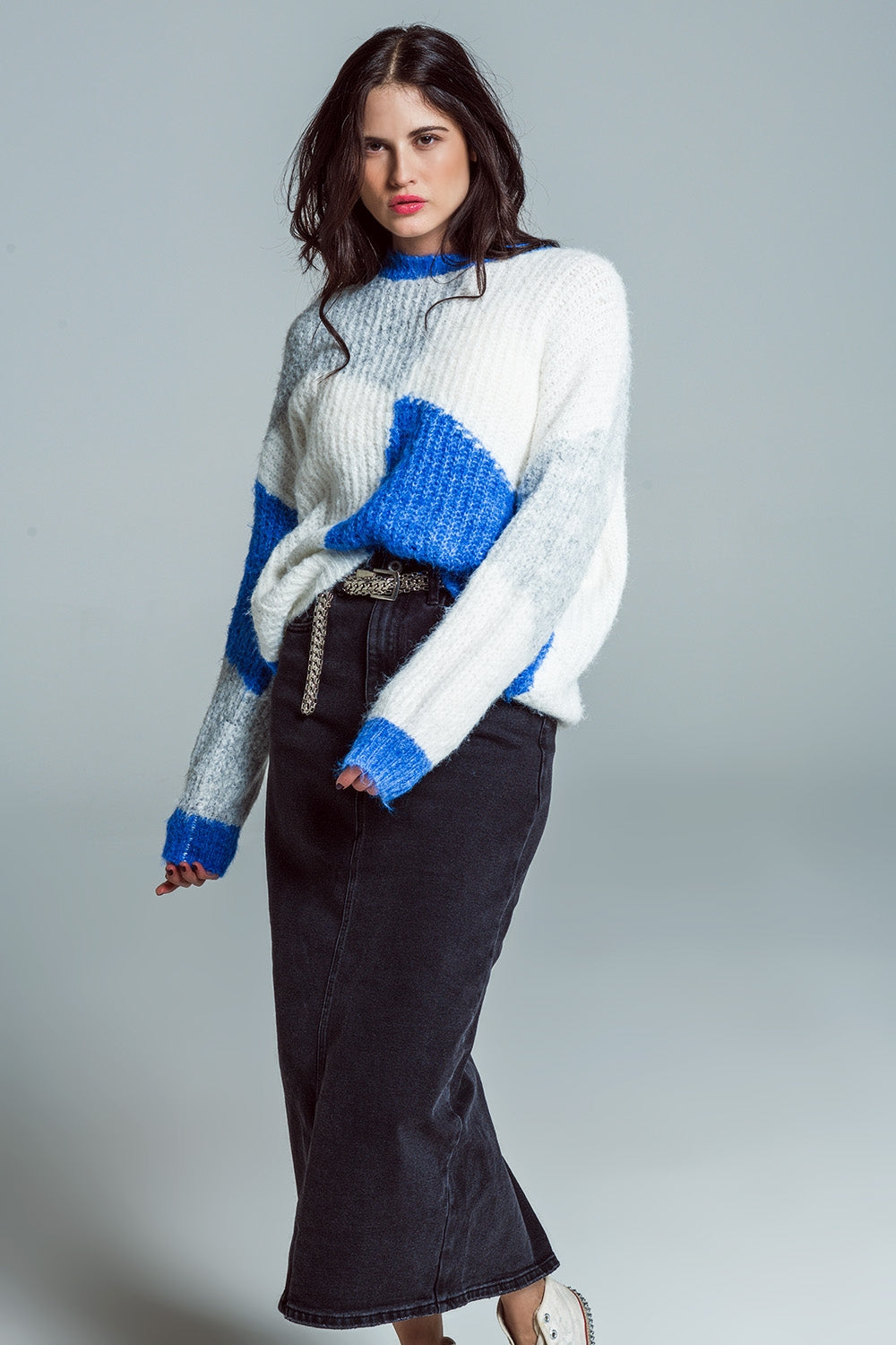 Jersey oversize color block en canalé grueso azul y blanco