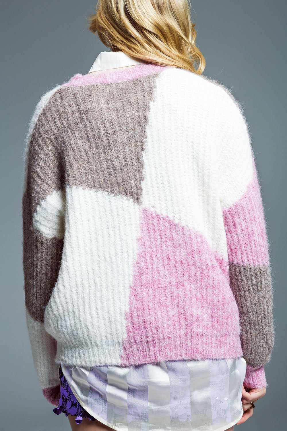 Jersey oversize color block en canalé grueso rosa y marrón