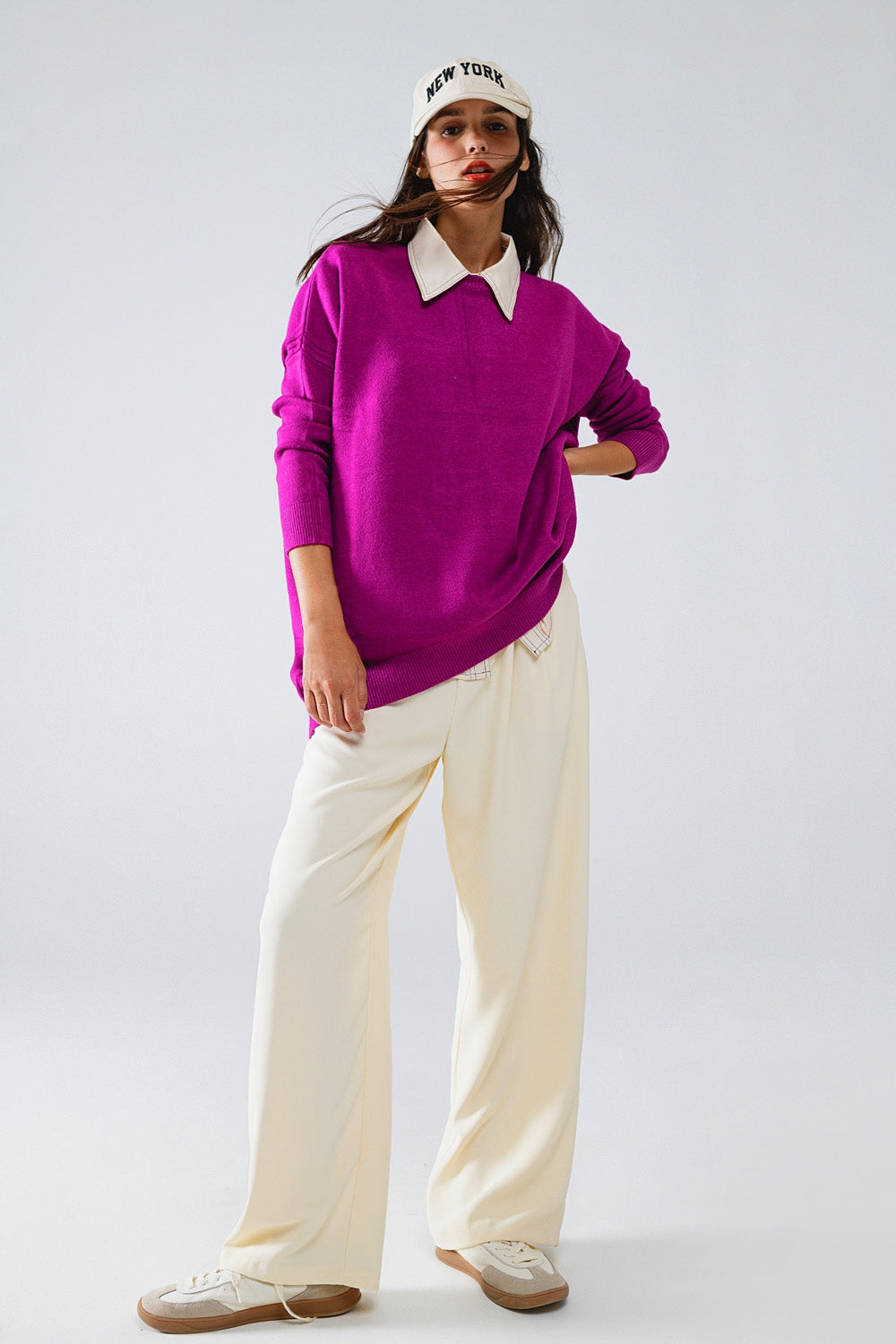 Jersey oversize de manga larga y cuello redondo en fucsia