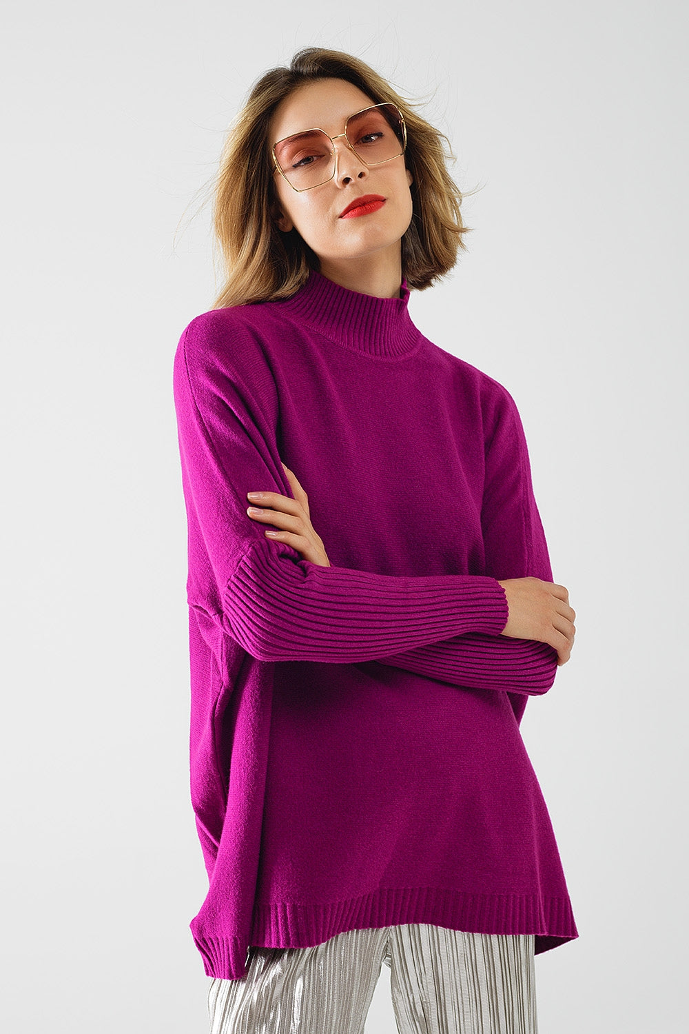 Q2 jersey oversize fucsia suave con mangas de canalé