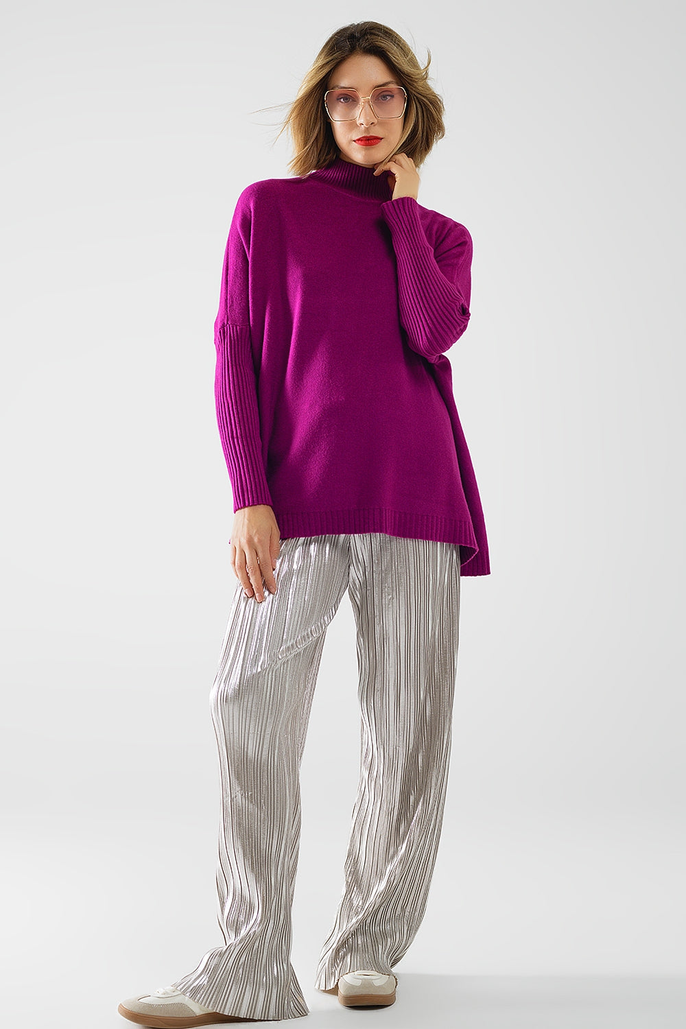 jersey oversize fucsia suave con mangas de canalé