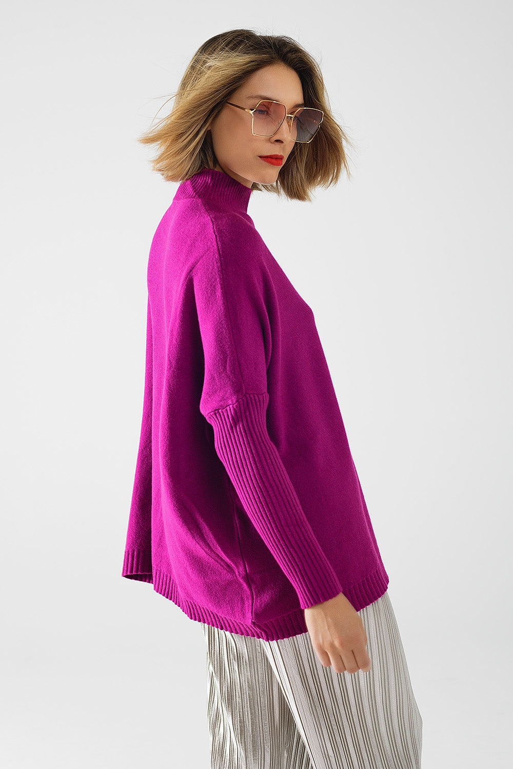 jersey oversize fucsia suave con mangas de canalé