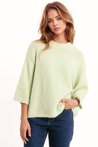Q2 Jersey relajado con manga 3/4 y cuello redondo en verde
