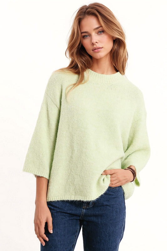 Q2 Jersey relajado con manga 3/4 y cuello redondo en verde