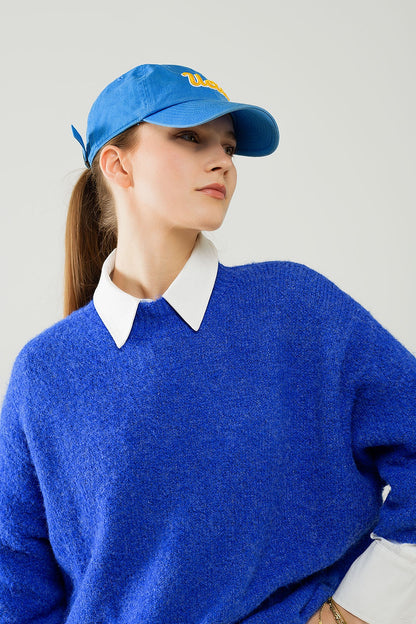 Jersey relajado con manga francesa y cuello redondo en azul tinta