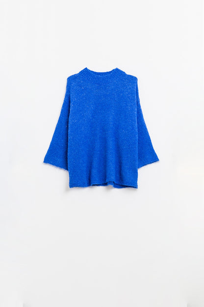 Jersey relajado con manga francesa y cuello redondo en azul tinta