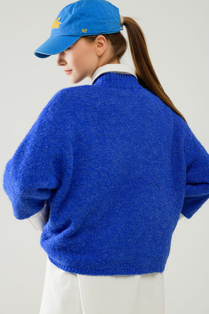 Jersey relajado con manga francesa y cuello redondo en azul tinta