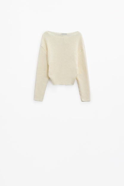 Jersey relajado de canalé con cuello barco en color crema