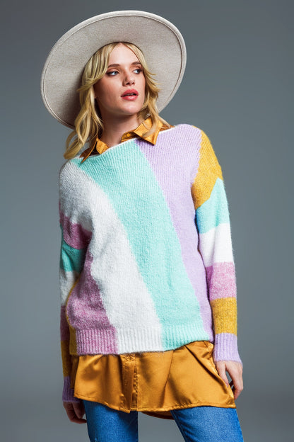 Jersey relajado de rayas diagonales multicolor con cuello barco en colores pastel